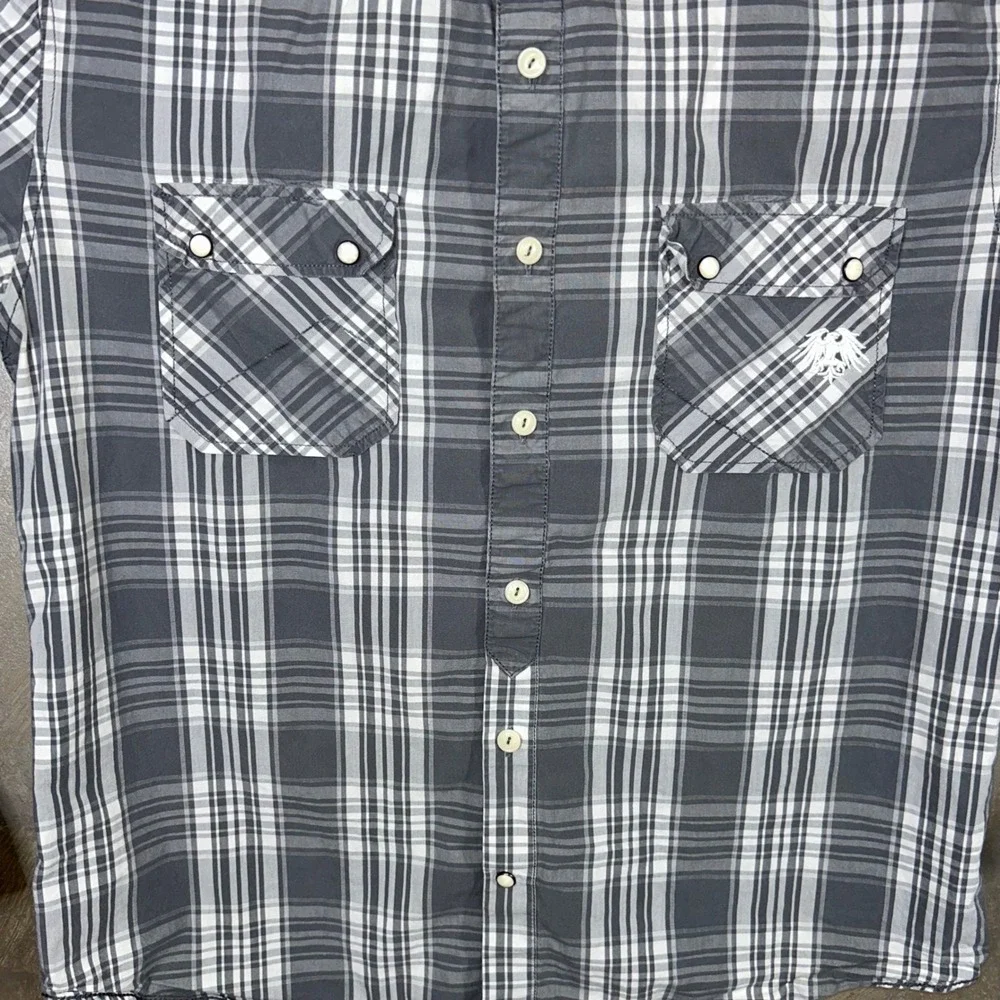 Soviet Men's XL‎ Plaid Button Up Shirt Long Sleeve Gray Western Pockets Pearl
